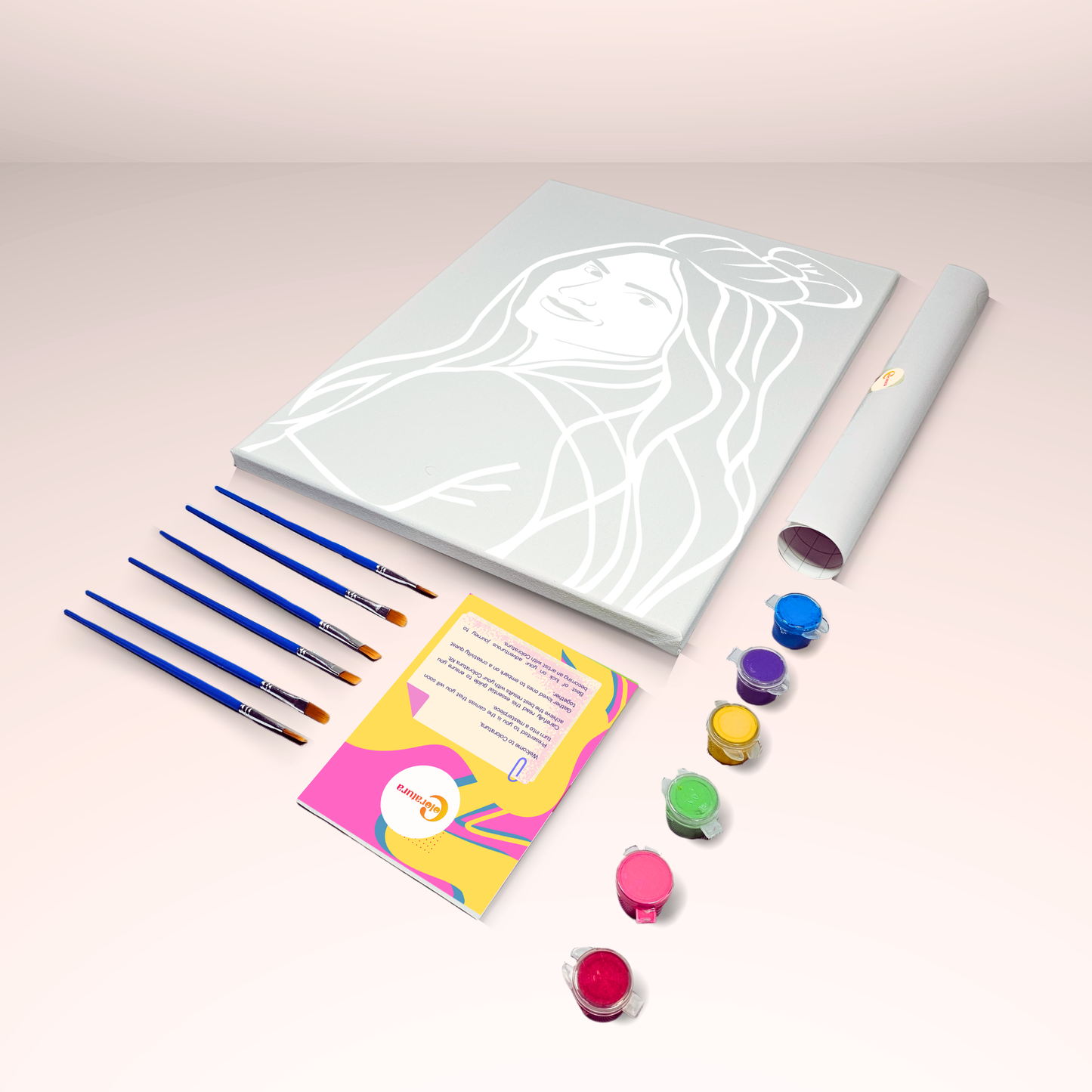 What's inside coloratura custom portrait kit: Custom portrait canvas, Paintbrushes, Paint, How to guide, Peel off sticker